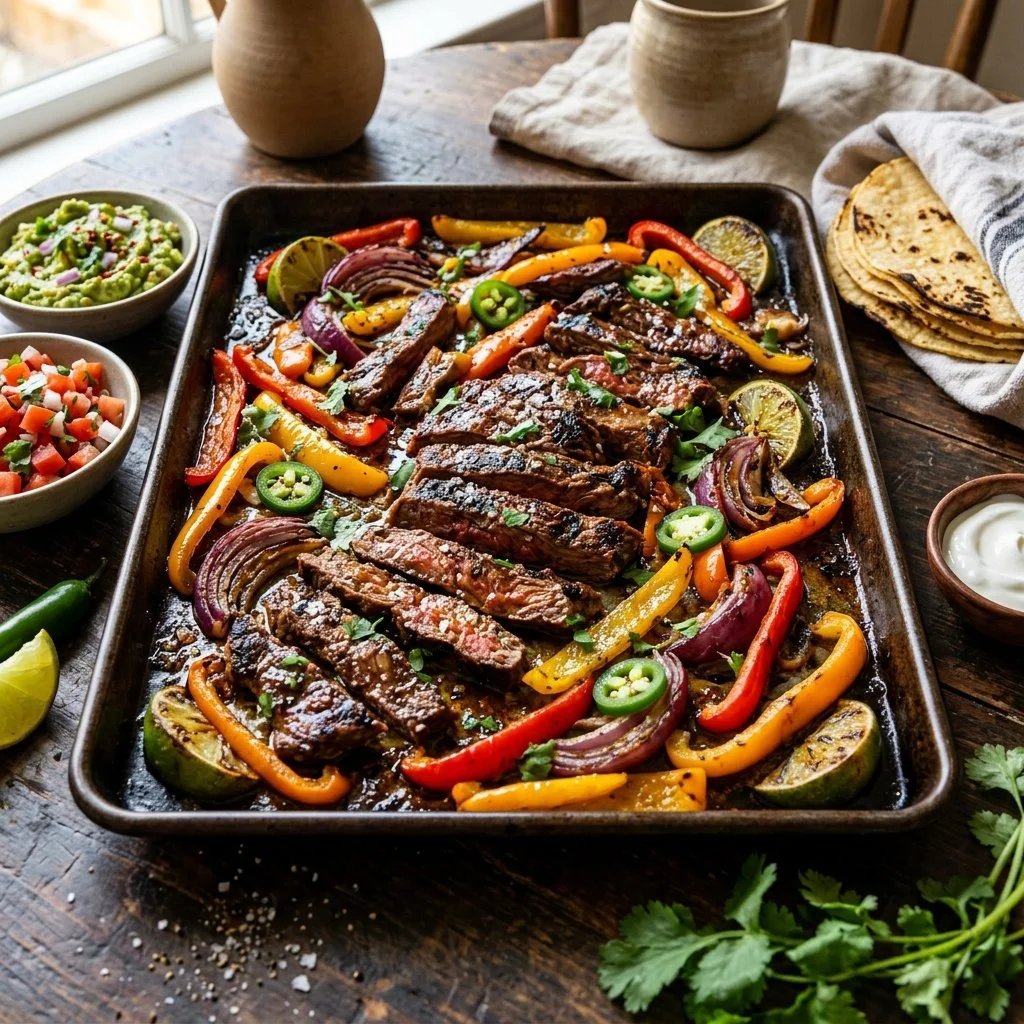 Sheet Pan Fajitas with colorful bell peppers and grilled chicken on a baking tray