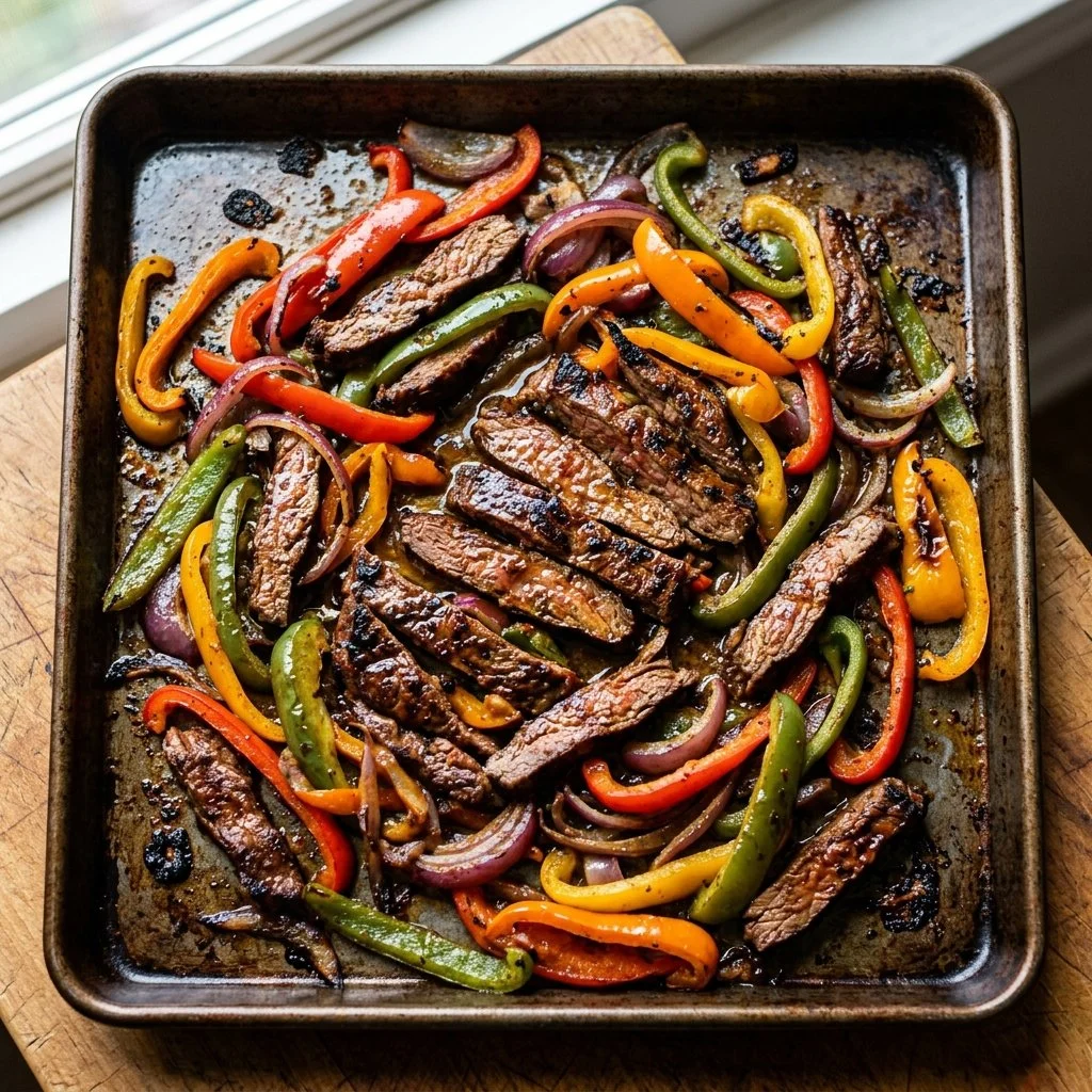 Sheet Pan Fajitas with colorful peppers and onions on a serving platter