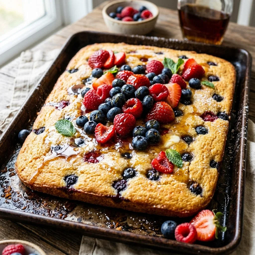 Delicious sheet pan pancakes baked to perfection in a large tray.