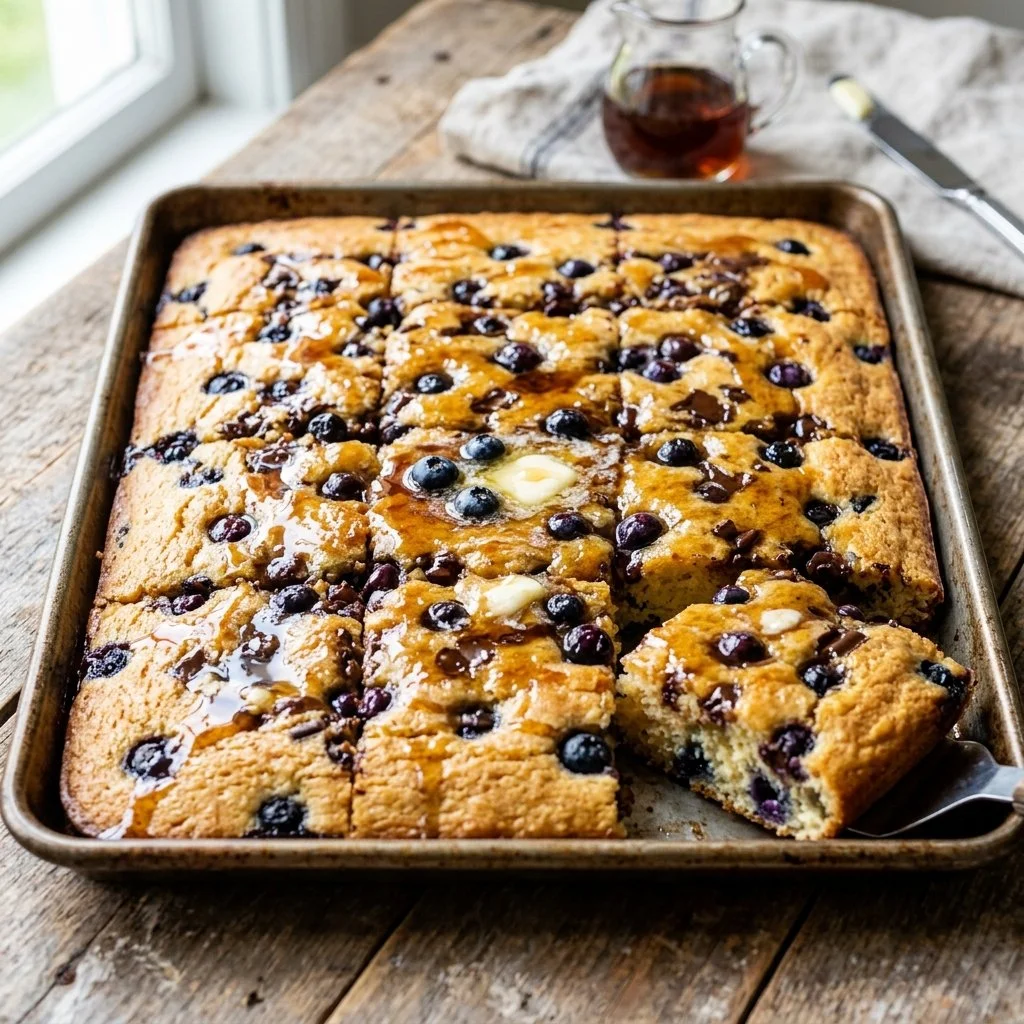 Delicious sheet pan pancakes ready to serve for a family breakfast