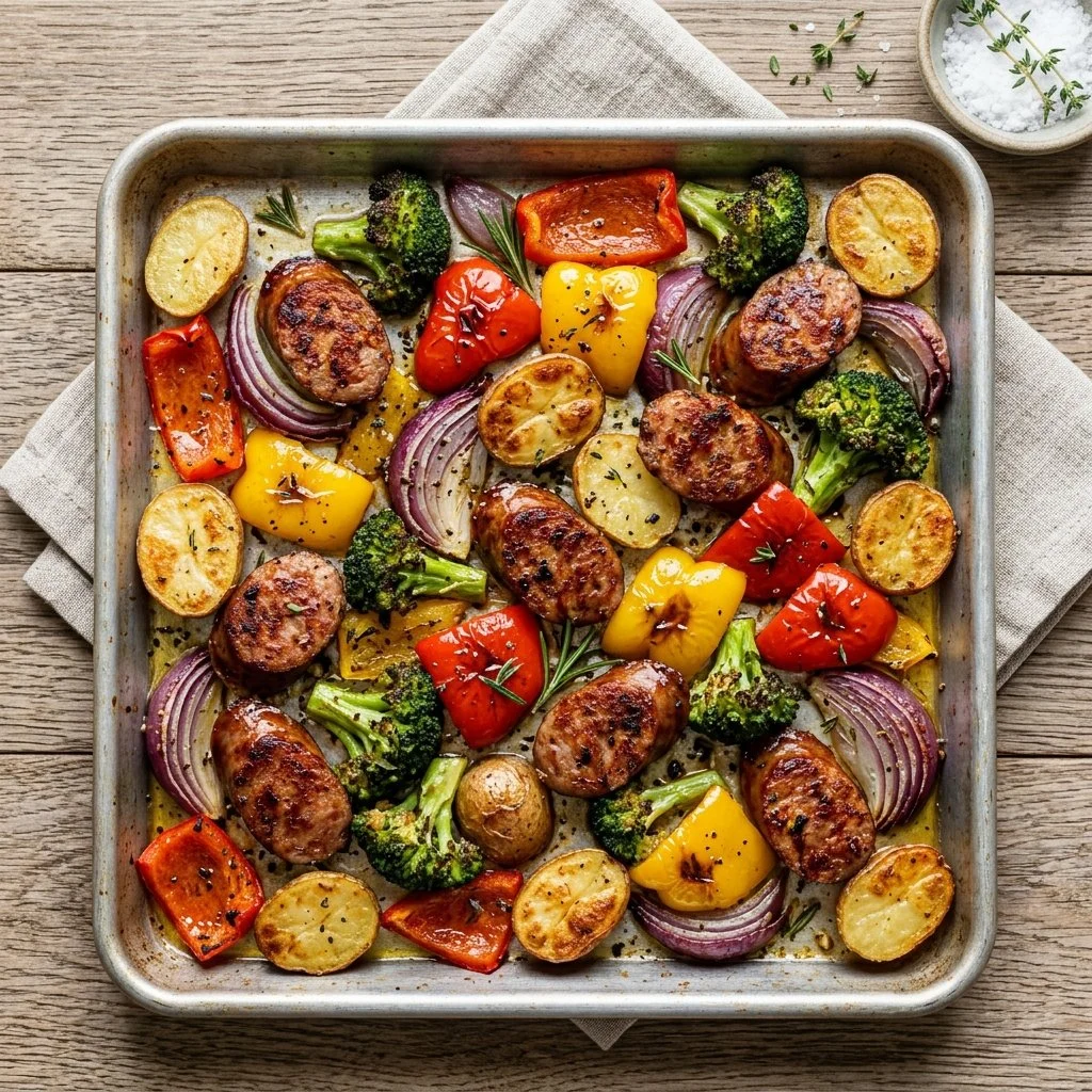 Delicious sheet pan sausage and veggies ready to serve