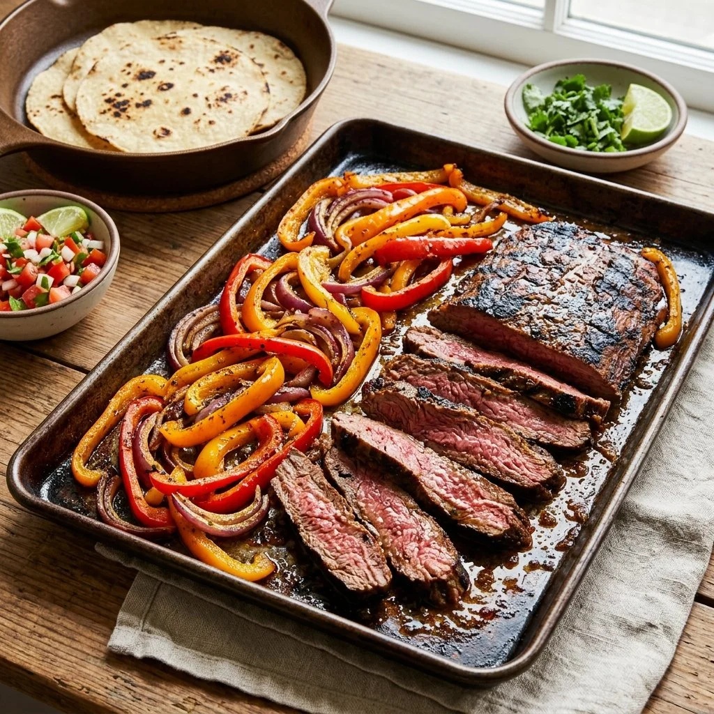 Sheet pan steak fajitas with colorful bell peppers and onions