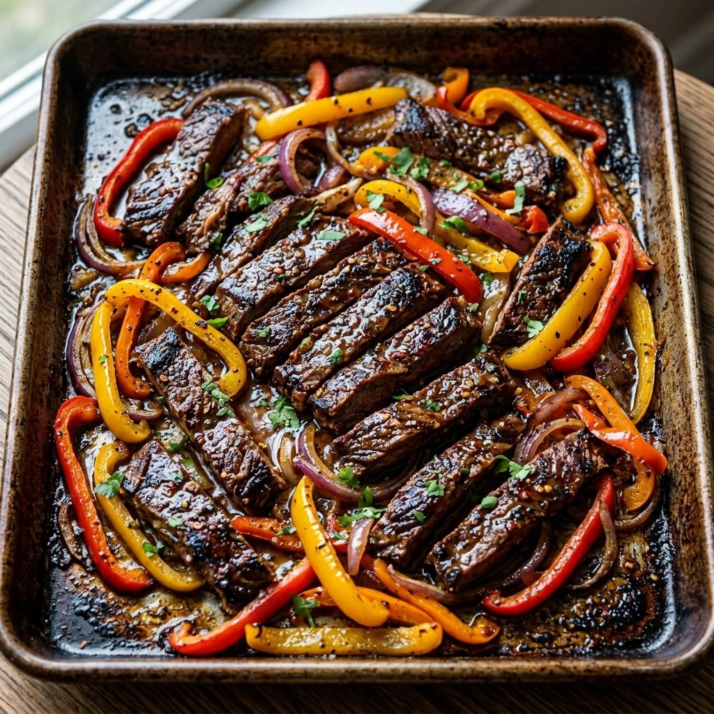 Delicious sheet pan steak fajitas with colorful peppers and onions