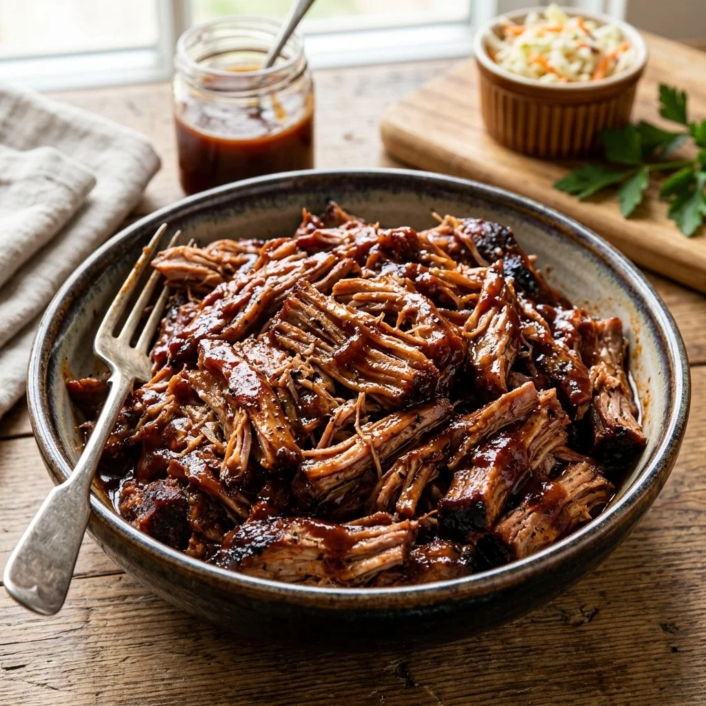 Delicious slow cooker pulled pork served on a bun with coleslaw