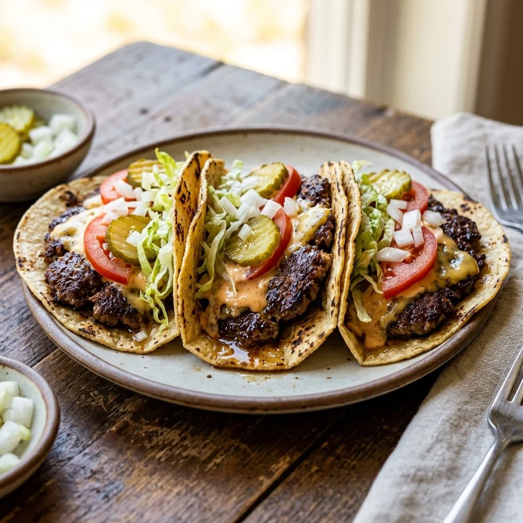 Delicious smash burger tacos served with fresh toppings and sauces