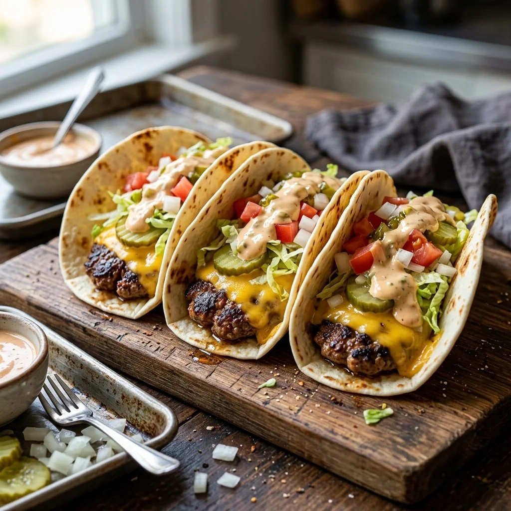 Delicious smash burger tacos topped with fresh ingredients and savory sauce.