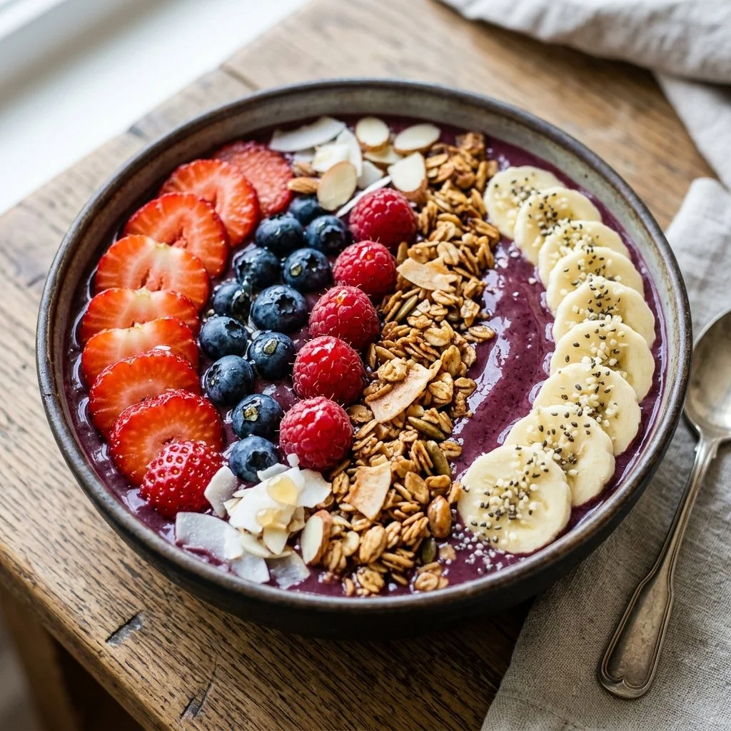 Colorful smoothie bowl topped with fresh fruits, nuts, and seeds.