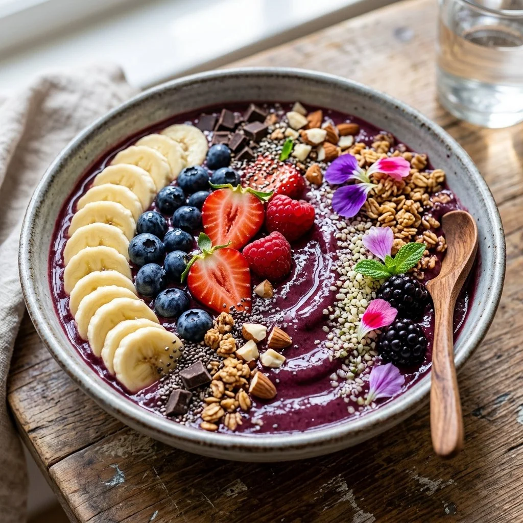 Colorful and healthy smoothie bowl topped with fruits and seeds