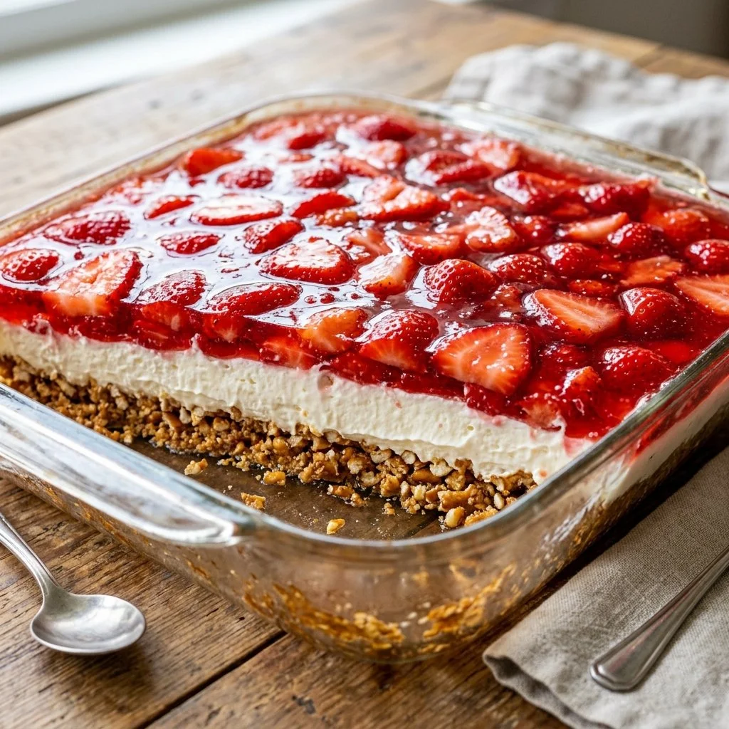A delicious Strawberry Pretzel Salad with a crunchy crust and fresh strawberries.