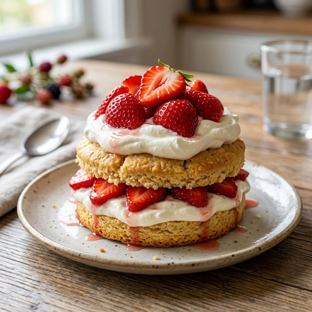 Delicious strawberry shortcake layered with fresh strawberries and whipped cream.