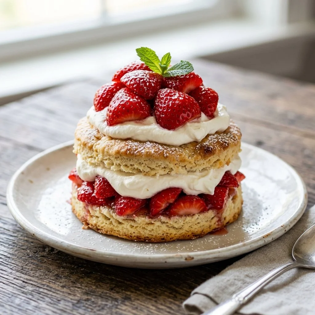 Delicious homemade Strawberry Shortcake topped with fresh strawberries and whipped cream