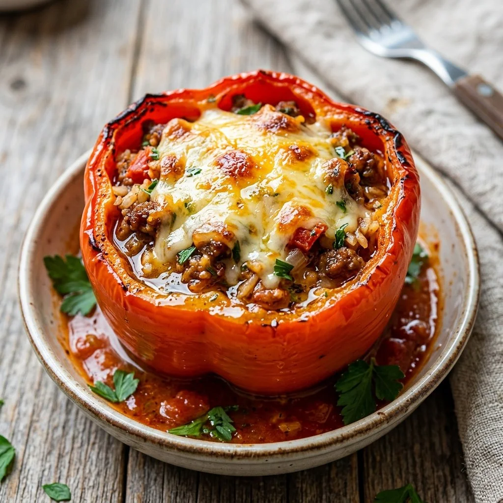 Colorful stuffed bell peppers filled with rice and veggies