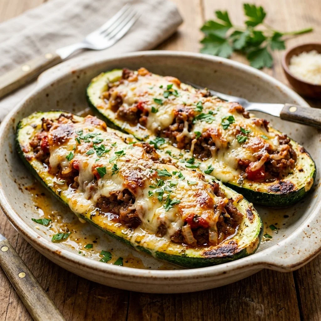 Delicious stuffed zucchini boats filled with meat and vegetables