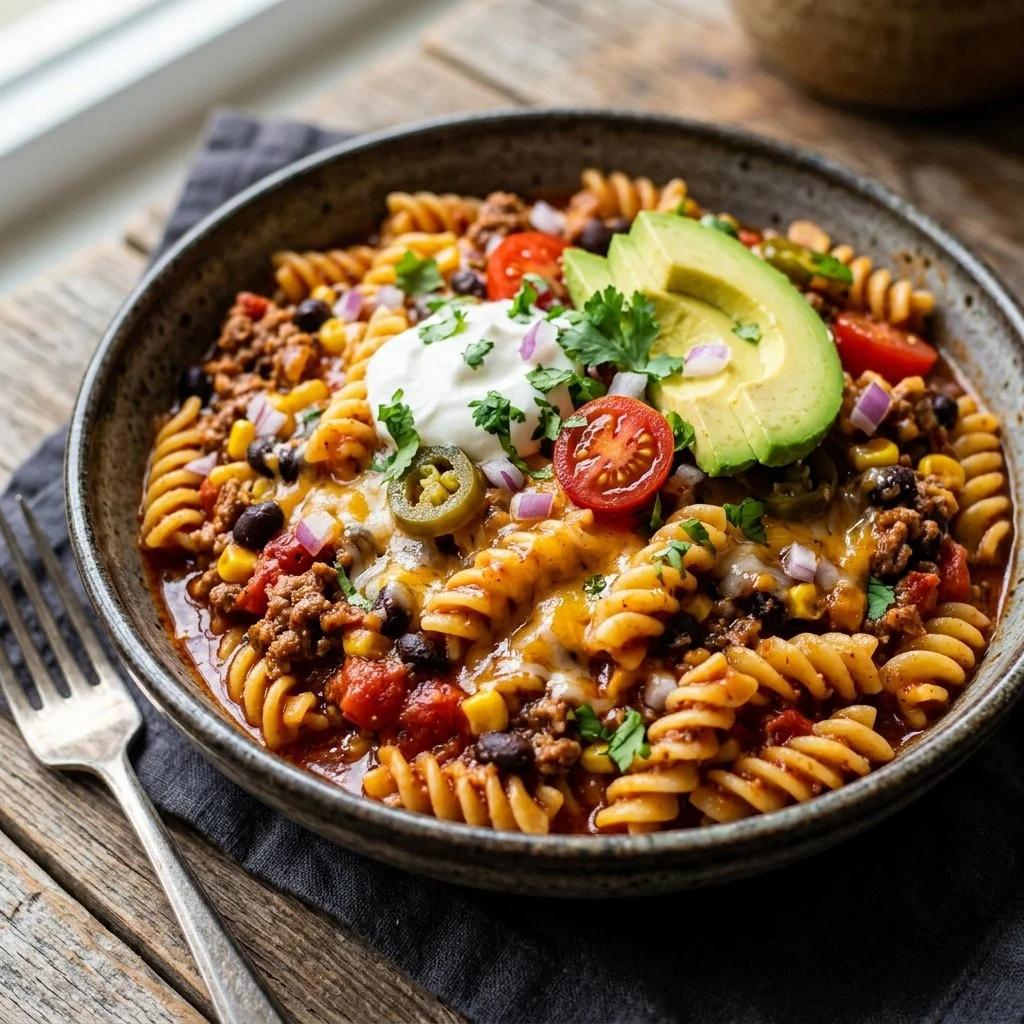 Delicious Taco Pasta served in a bowl with colorful toppings