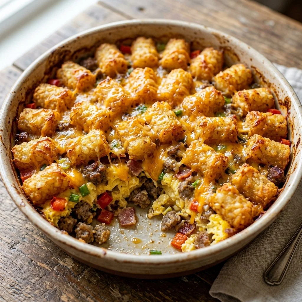 Delicious tater tot breakfast casserole served in a pan.
