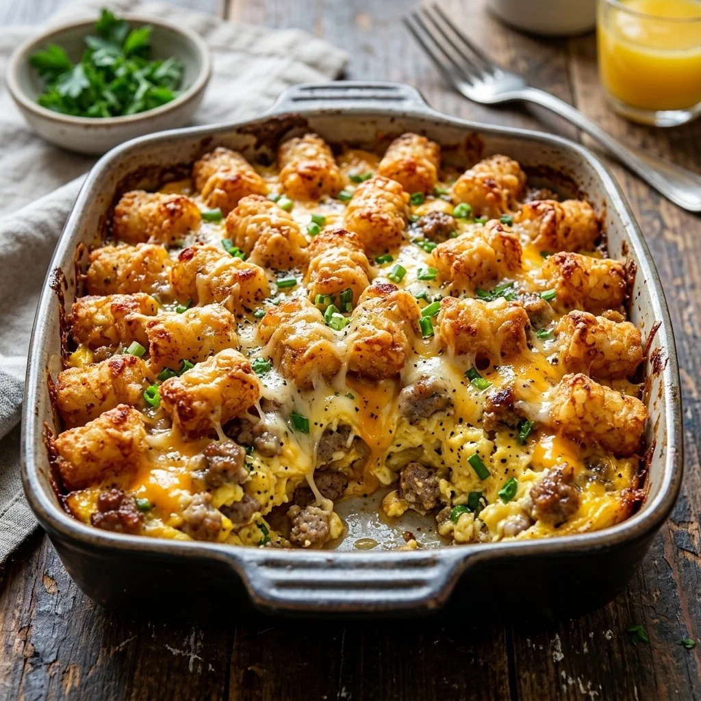 Tater Tot Breakfast Casserole with eggs, cheese, and bacon on a serving dish