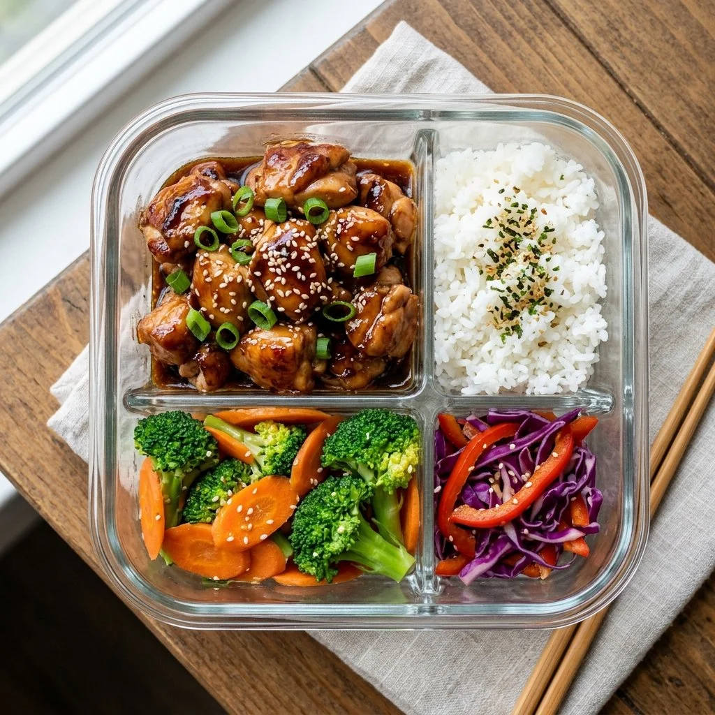 A bowl of teriyaki chicken with vegetables and rice for meal prep