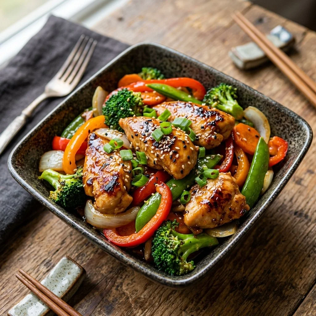 Delicious teriyaki chicken stir fry with colorful vegetables in a bowl