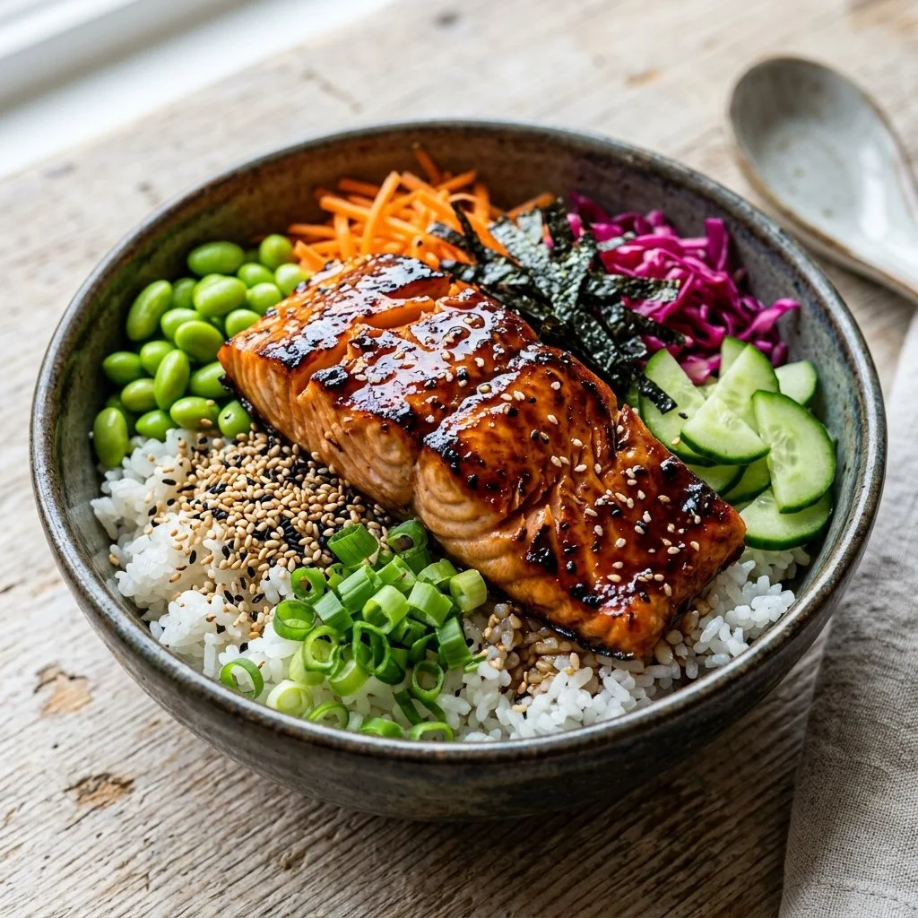 Delicious Teriyaki Salmon Bowl with rice and vegetables