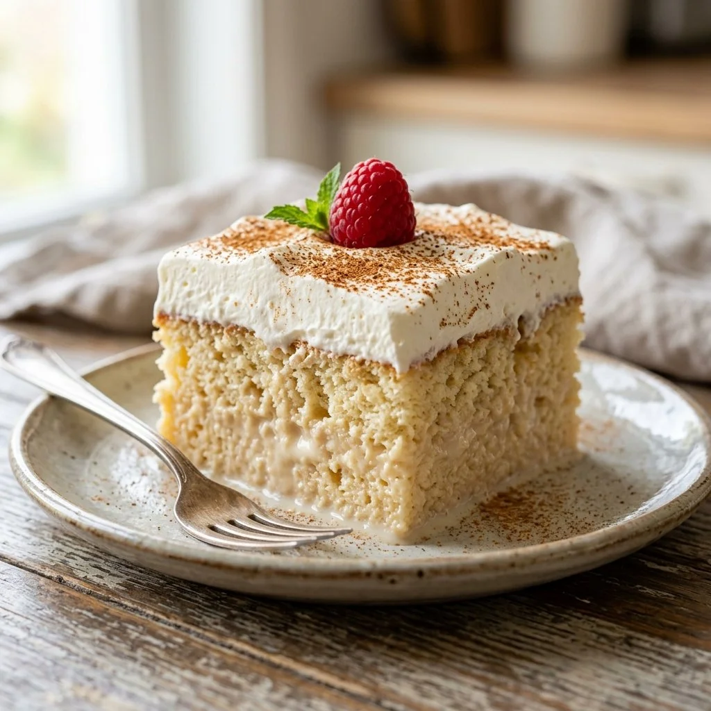 Delicious homemade Tres Leches Cake topped with whipped cream and fruit.