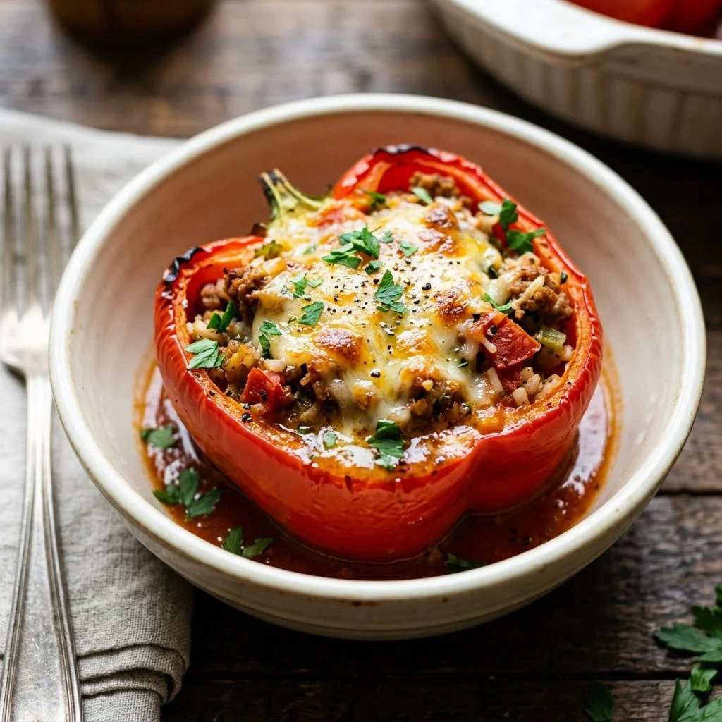 Delicious turkey stuffed peppers served on a plate with fresh herbs