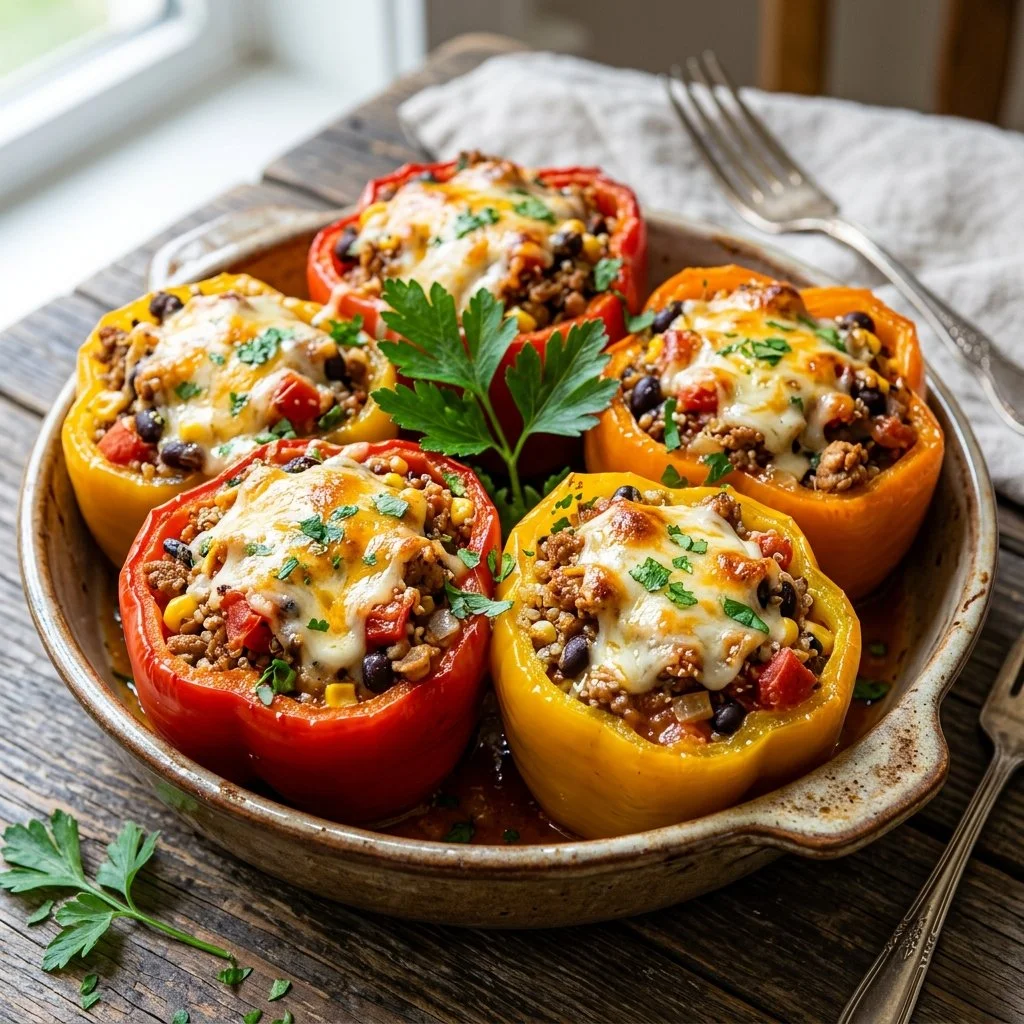 Delicious turkey stuffed peppers recipe showcasing vibrant colors and fresh ingredients.