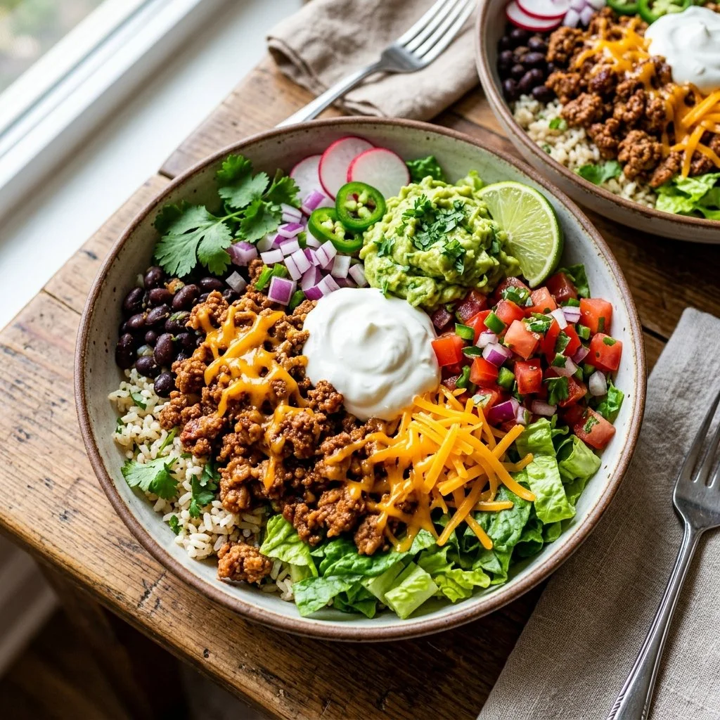 Delicious Turkey Taco Bowls with toppings for a healthy meal option
