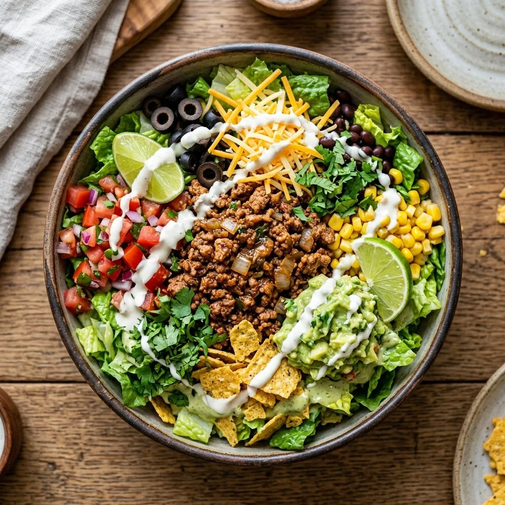 Turkey Taco Salad with fresh vegetables and seasoned turkey meat