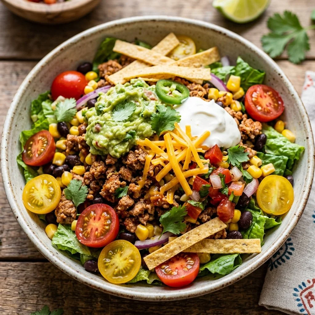 A delicious and colorful turkey taco salad served in a bowl with fresh toppings.