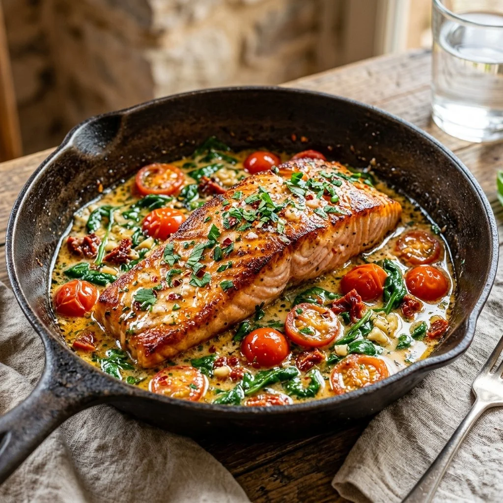 Creamy Tuscan Butter Salmon garnished with herbs and served on a plate