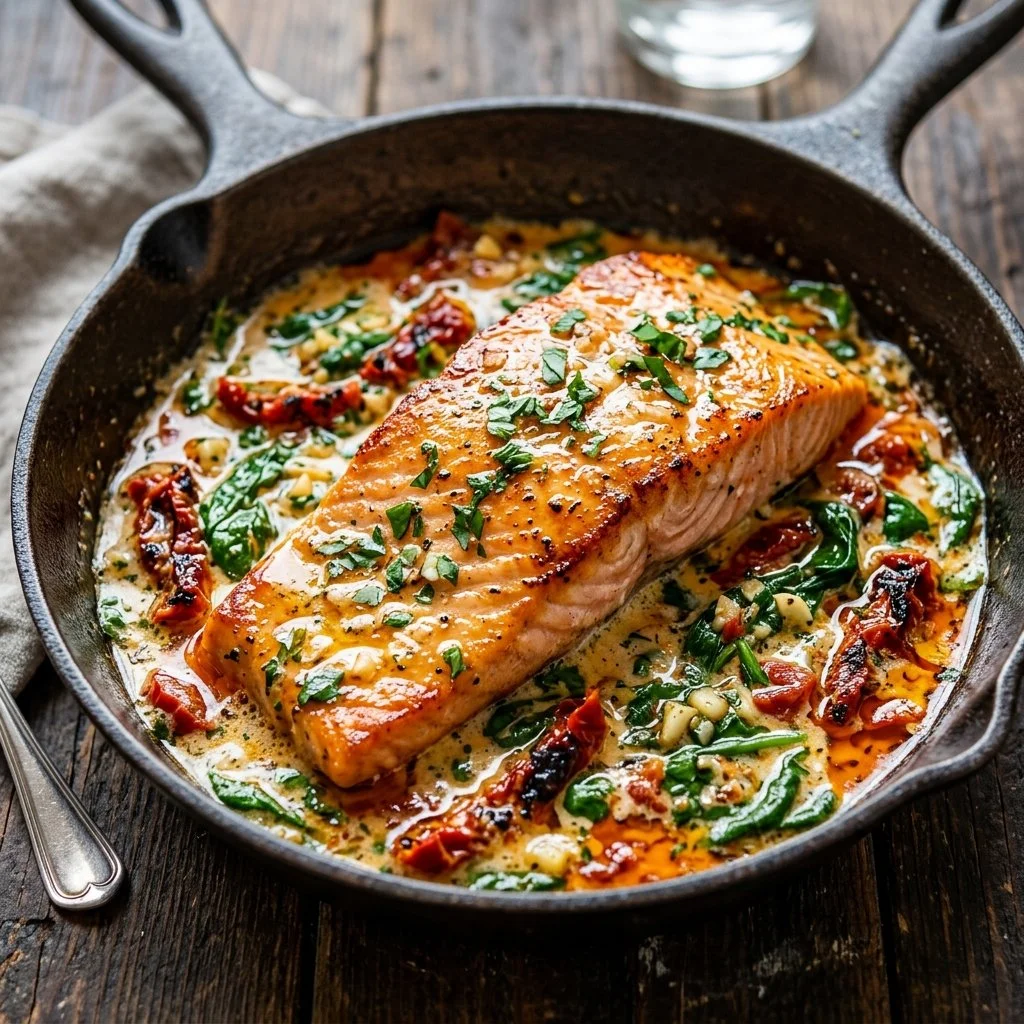 Delicious Tuscan Butter Salmon served with vibrant herbs and spices.