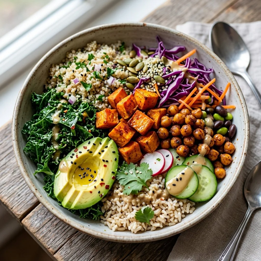 Colorful Vegan Buddha Bowl with assorted vegetables, grains, and toppings