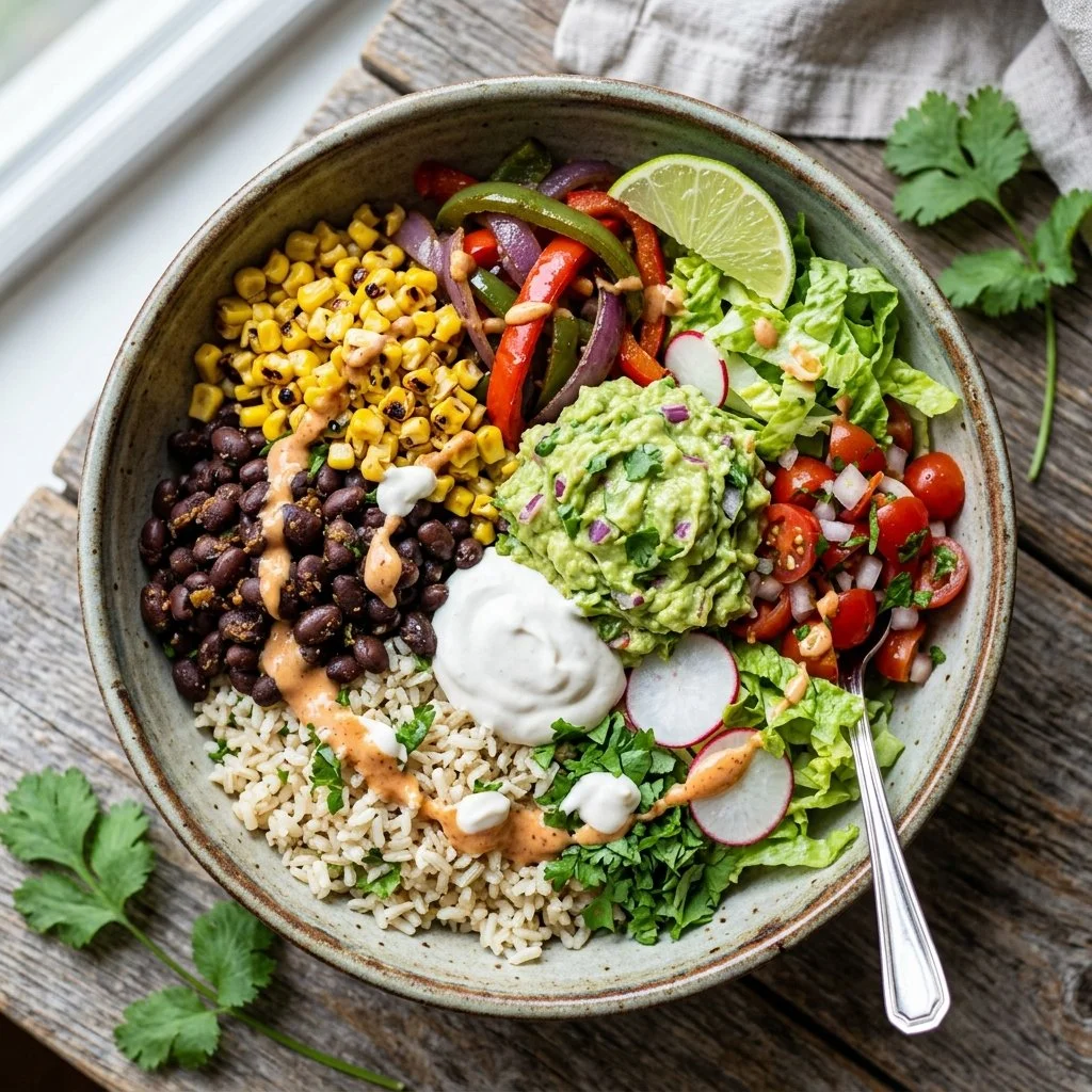 Colorful Vegan Burrito Bowl with fresh vegetables and beans