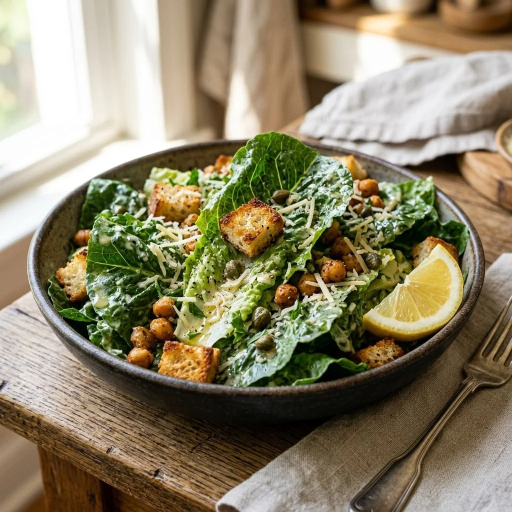 A colorful Vegan Caesar Salad with crisp romaine, creamy dressing, and vegan croutons.