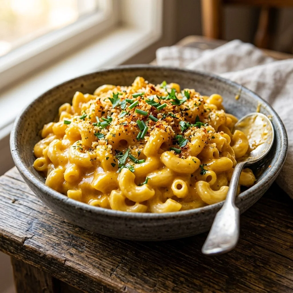 Creamy Vegan Mac and Cheese dish served in a bowl with fresh herbs