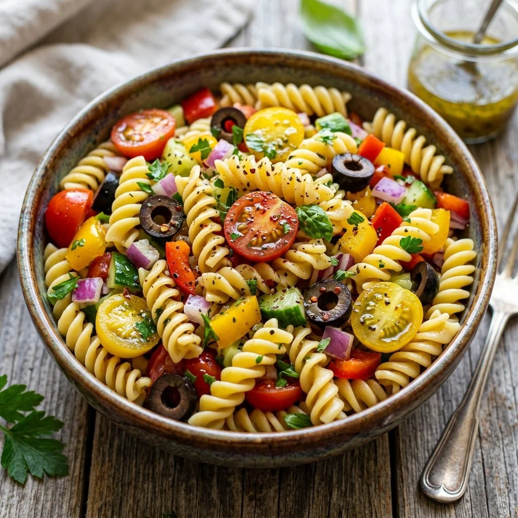 Colorful vegan pasta salad with fresh vegetables and dressing on a plate