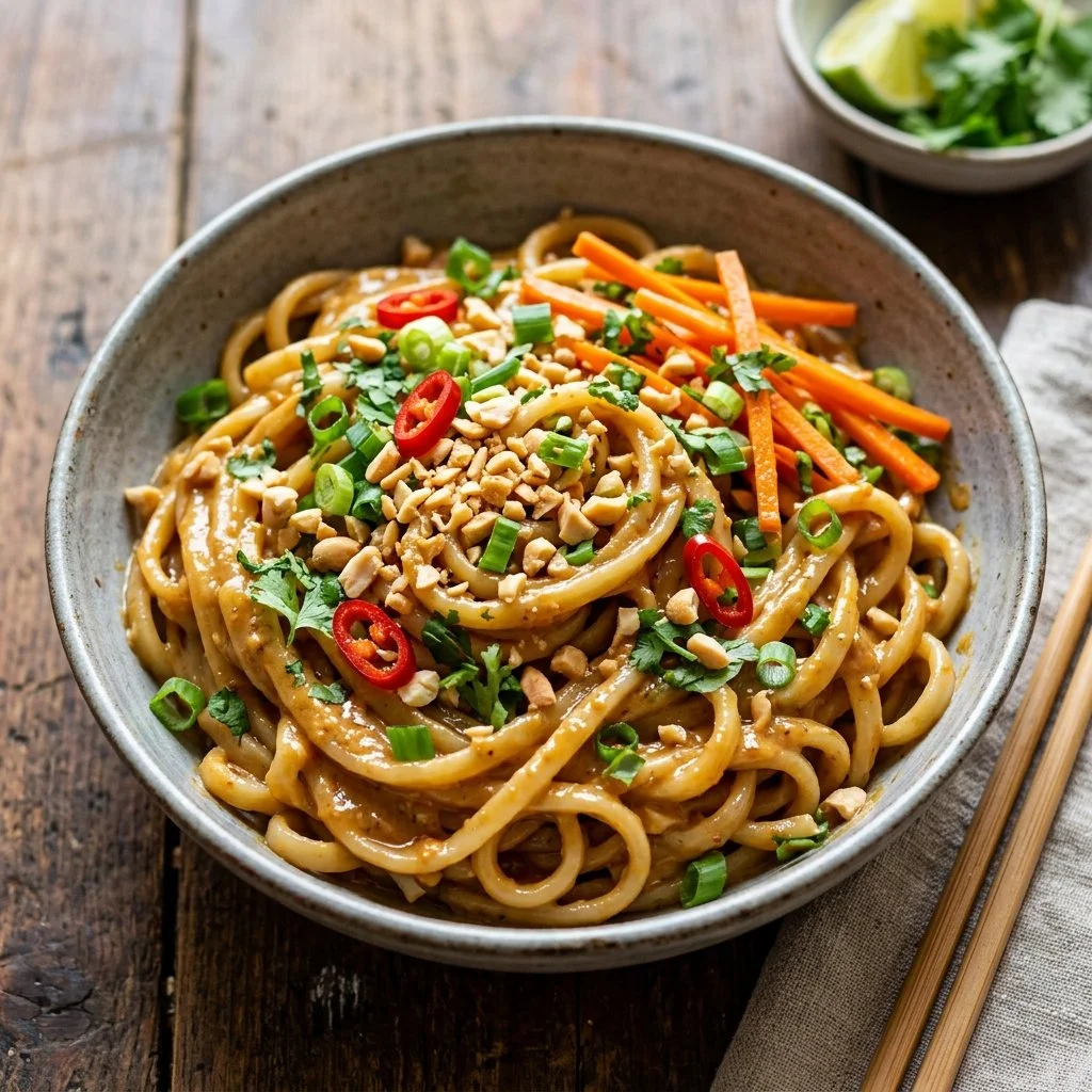 Bowl of Vegan Peanut Noodles garnished with fresh vegetables and peanuts.