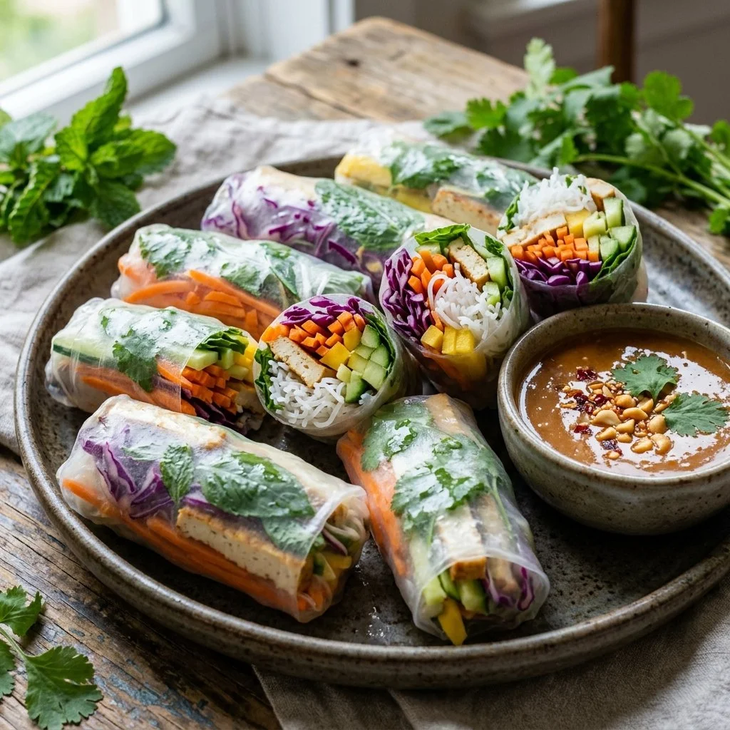 Vegan Summer Rolls filled with colorful vegetables and served with dipping sauce