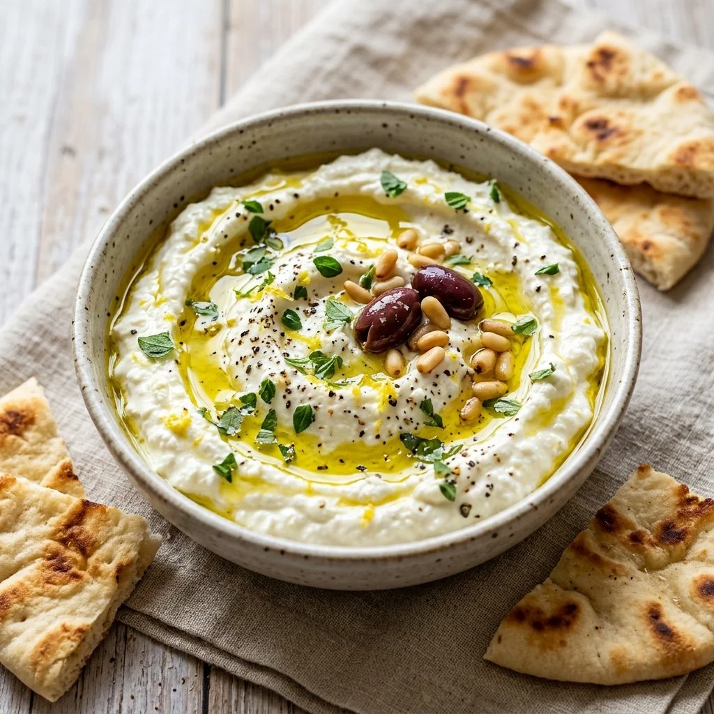 Creamy whipped feta dip served with fresh vegetables and bread