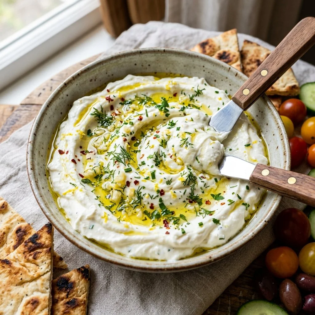 Creamy whipped feta dip served with fresh vegetables and pita bread