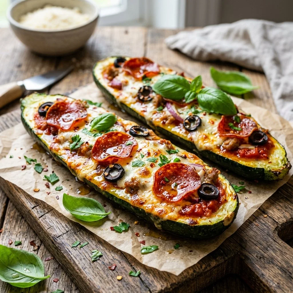 Healthy zucchini boat pizza filled with toppings and melted cheese