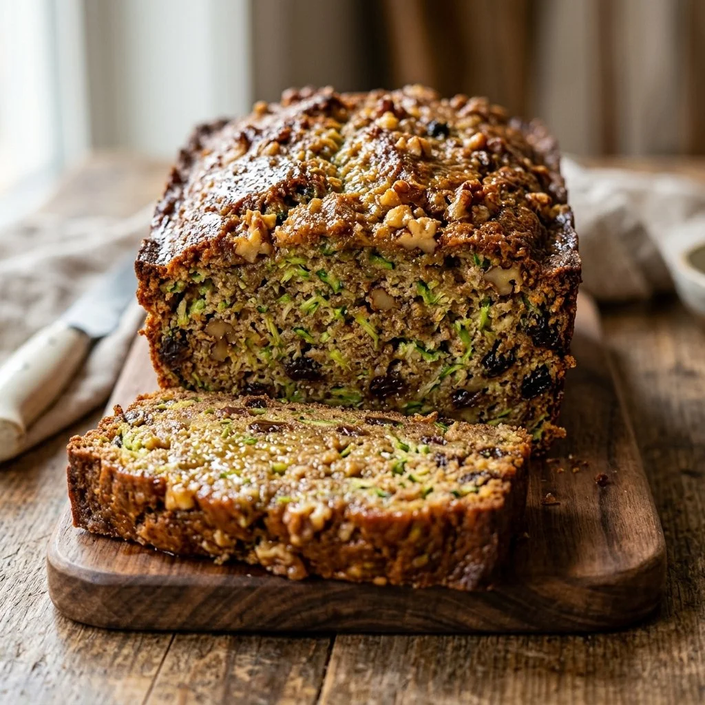 Loaf of homemade zucchini bread with slices on a wooden cutting board