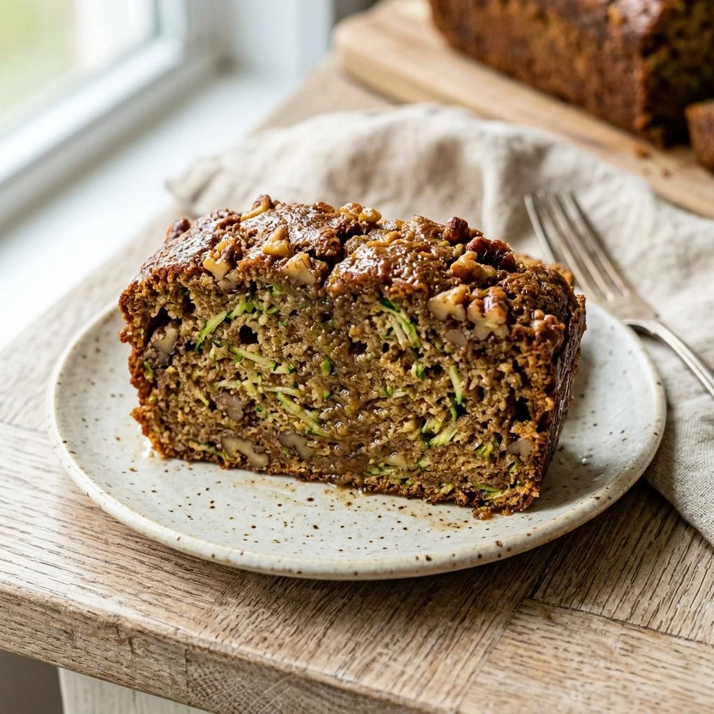 Freshly baked zucchini bread sliced and served on a wooden board