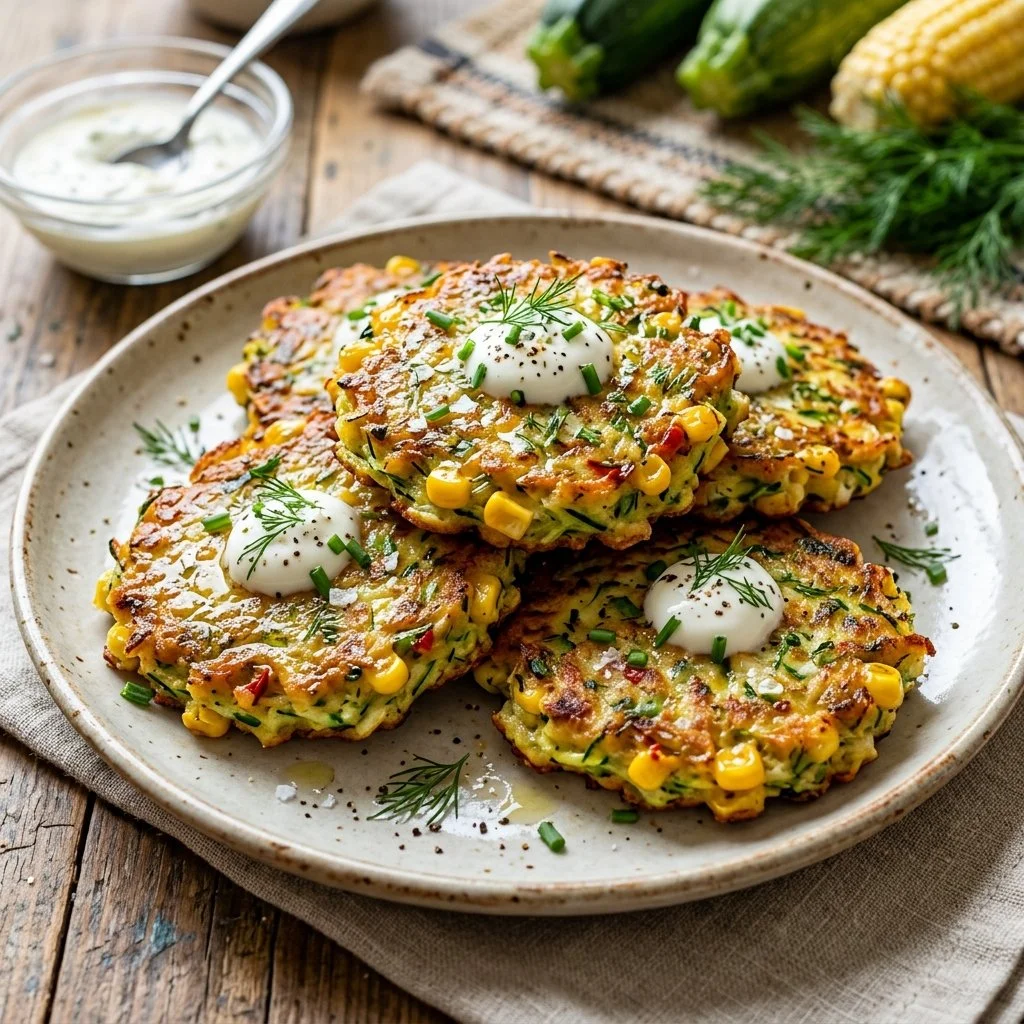 Delicious zucchini corn fritters served on a plate with dipping sauce