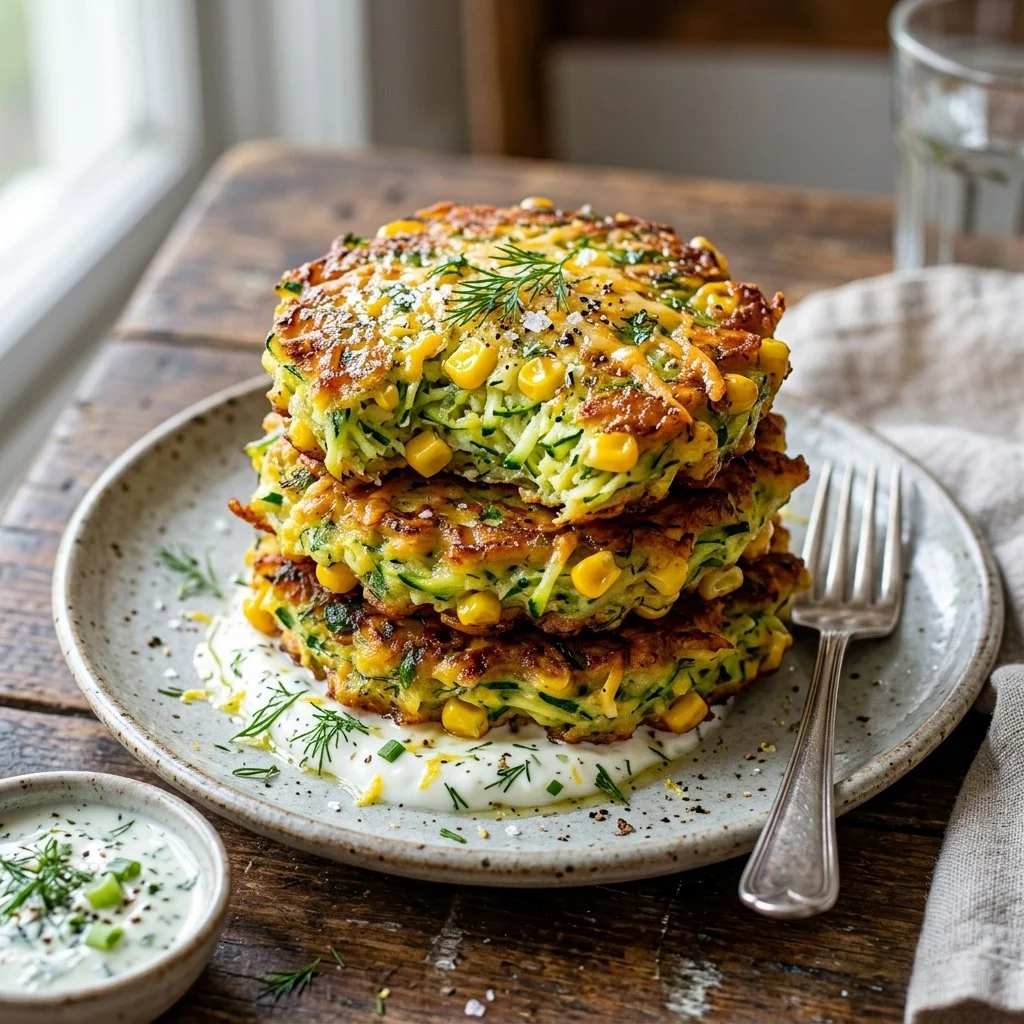 Plate of crispy zucchini corn fritters garnished with herbs