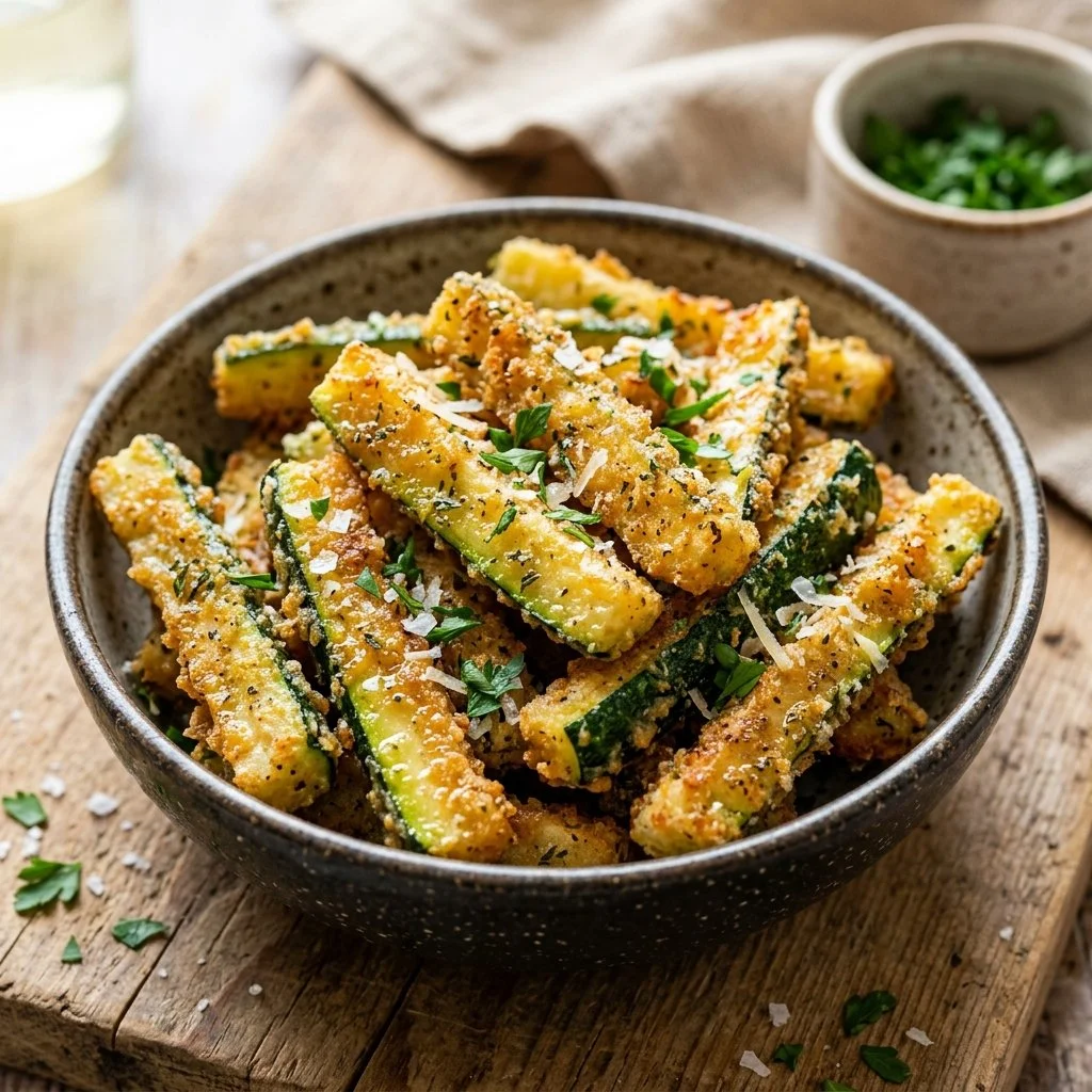 Crispy zucchini fries served on a plate, a healthy snack option.