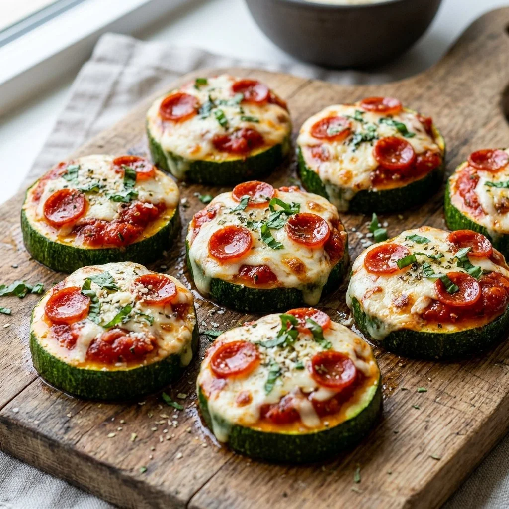 Zucchini pizza bites topped with cheese and herbs in a baking tray.