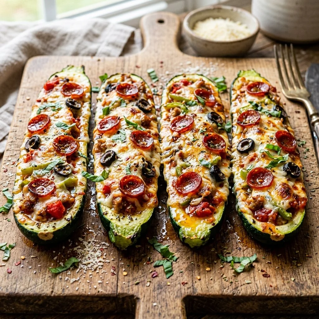 Zucchini pizza boats filled with cheese, vegetables, and spices, fresh from the oven.